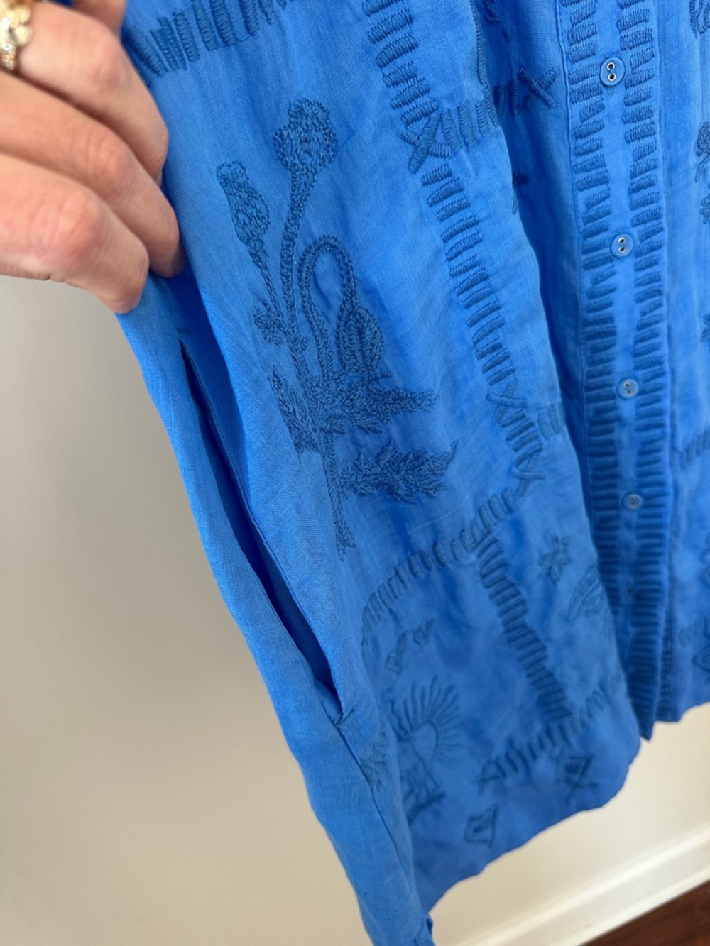 Johnny Was Bright Blue Embroidered Button-Front Tunic - Picture 8 of 9
